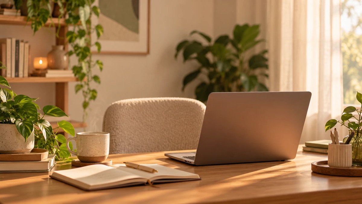 Mesa de trabalho com notebook, caderno e uma caneca, em um ambiente acolhedor