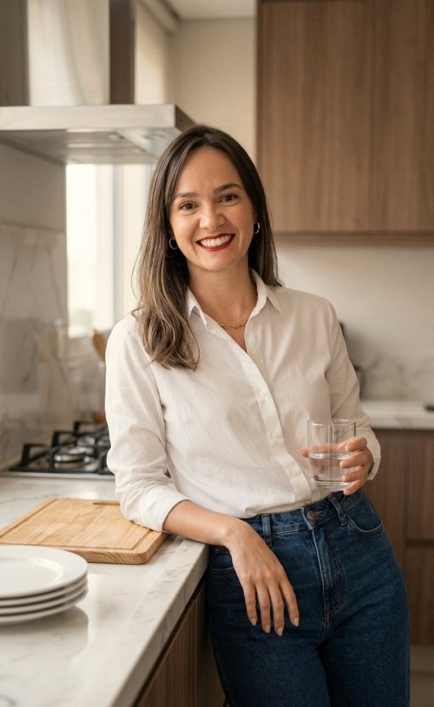 Danielly na cozinha, sorrindo de frente, com um copo de água na mão