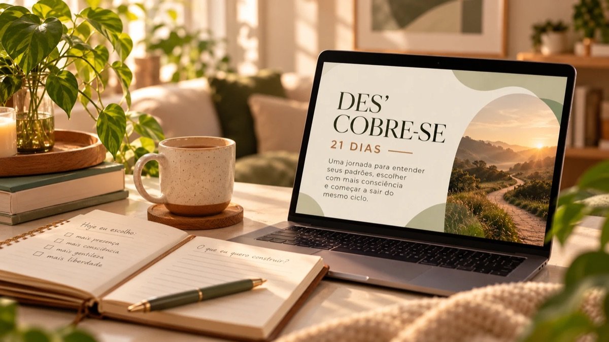 Notebook mostrando a jornada Des'cobre-se de 21 dias, ao lado de um caderno