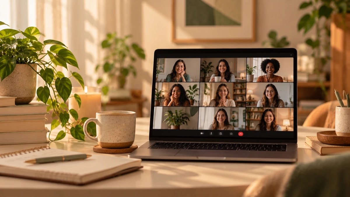 Ilustração de um encontro de grupo online em videochamada, com mulheres sorrindo