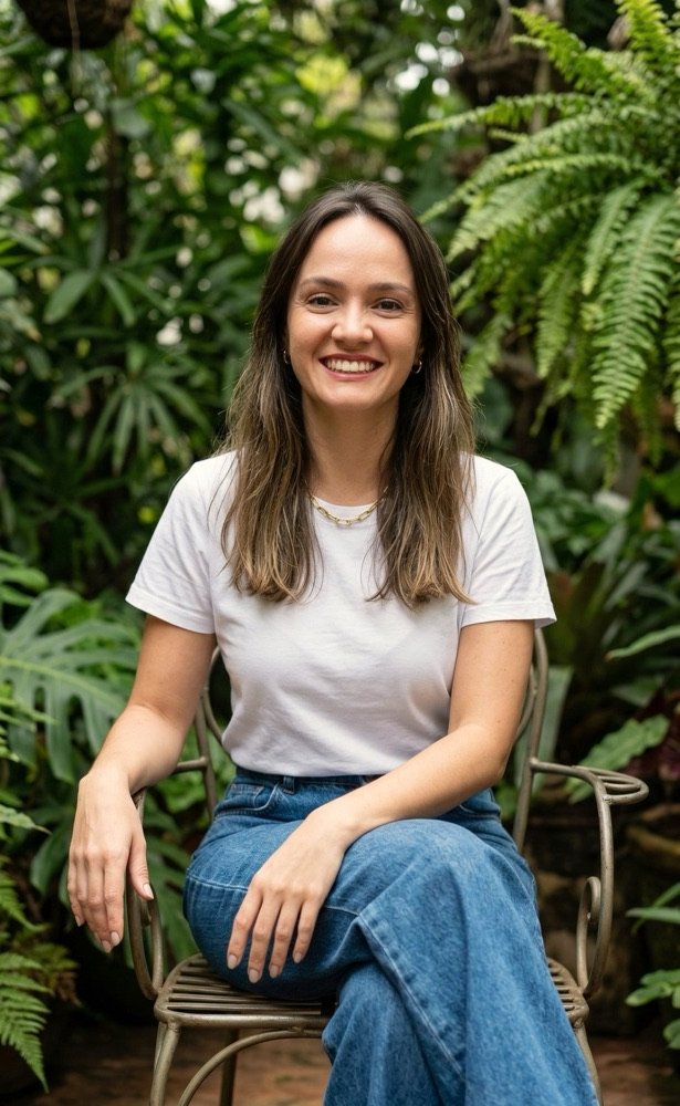 Danielly Arcoverde, psicóloga, em um jardim com samambaias