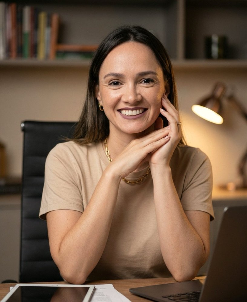 Danielly Arcoverde, psicóloga, sentada à mesa, sorrindo
